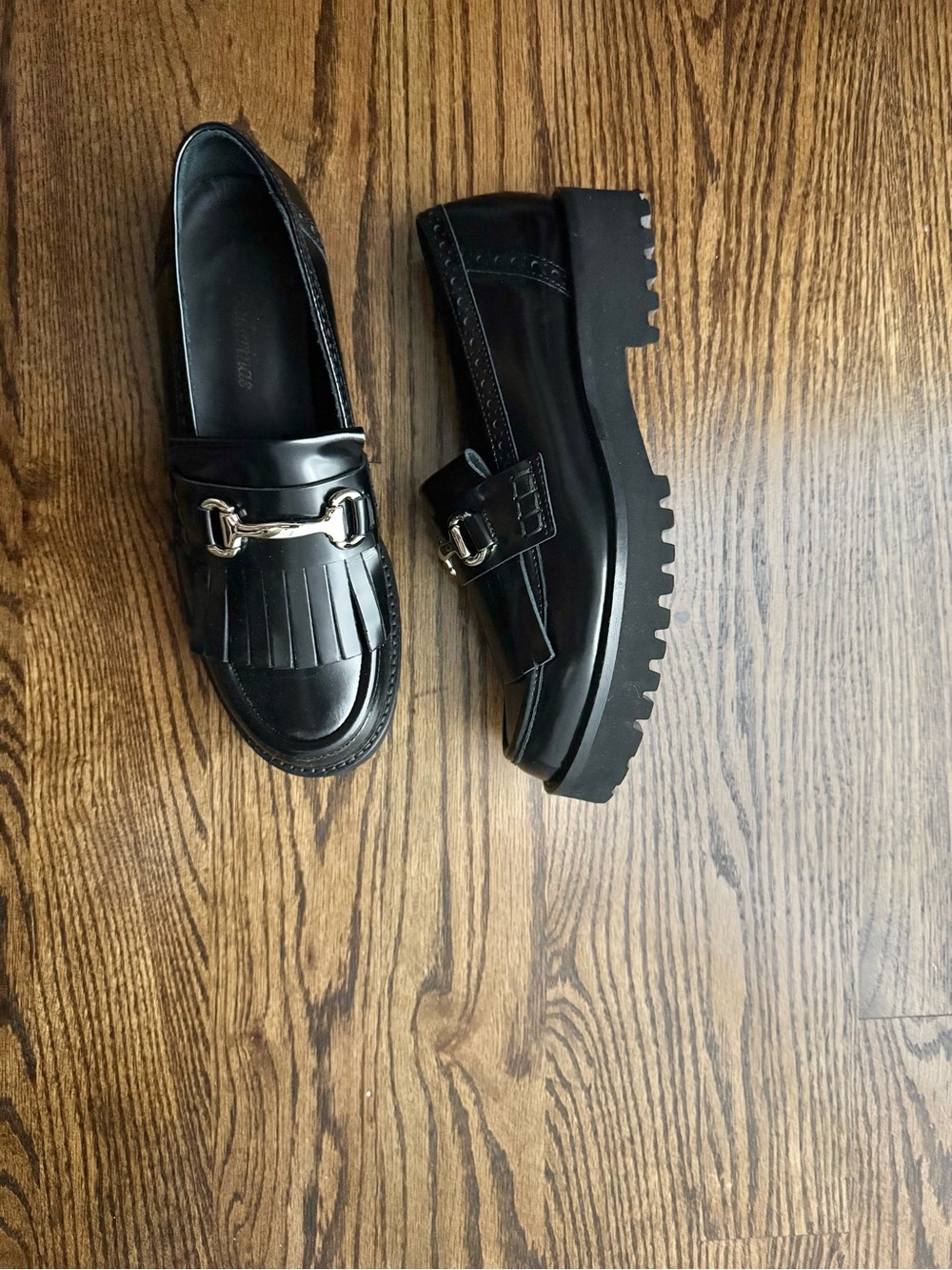 Black Leather Kiltie Loafers with Horsebit Accent - Women